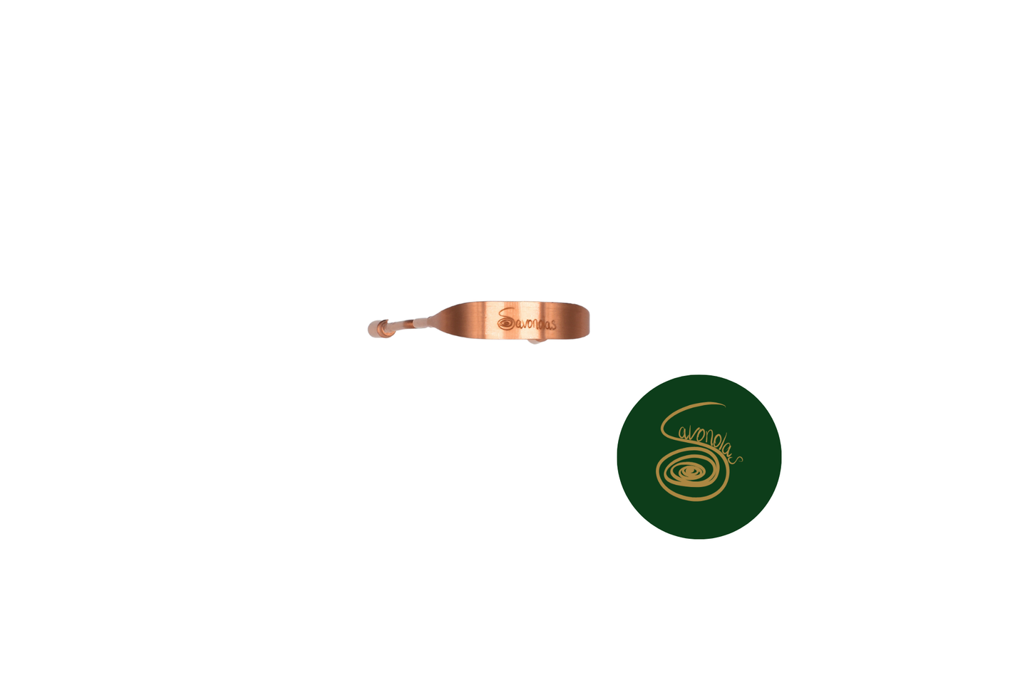Savonolas pure copper tongue scraper front view on white background with engraved logo, Ayurvedic oral hygiene tool for fresh breath.